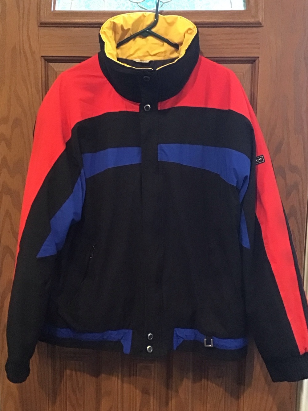 Profile By Gottex Black Colorblock Puffer Jacket. Red, Blue & Yellow Accents. XL